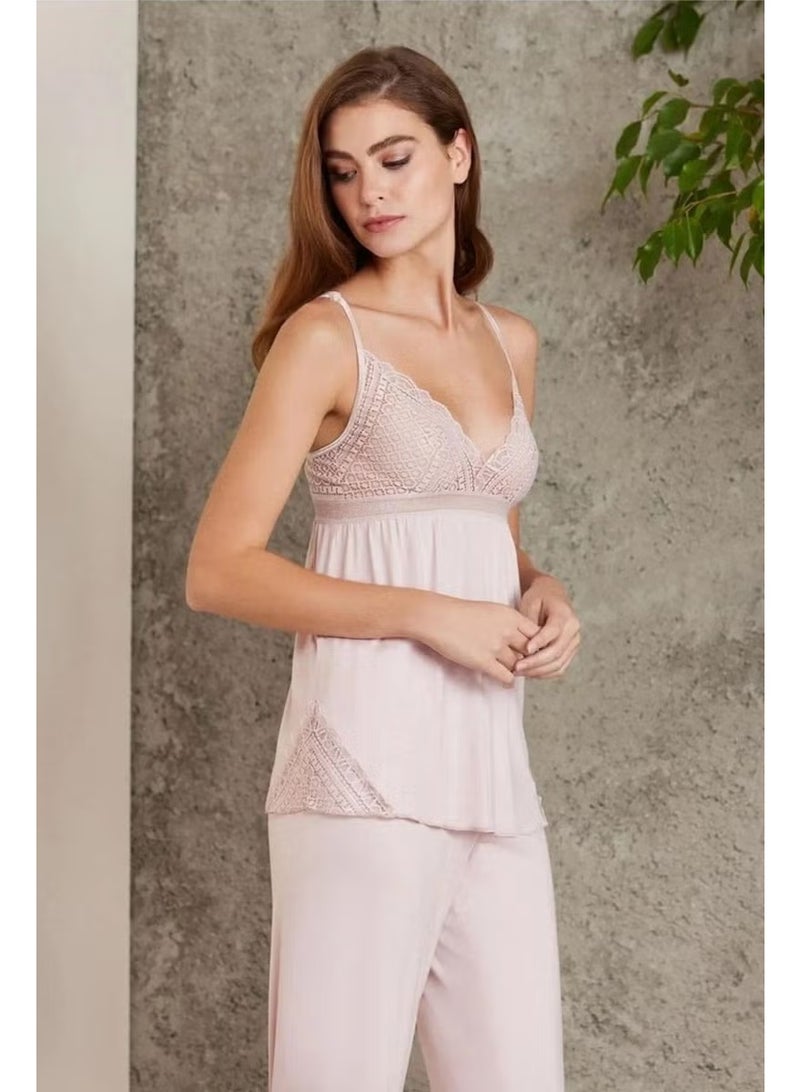pierre cardin 2820 Women's Combed Cotton Lace Pajama Set with Dressing Gown - Powder - Image 2